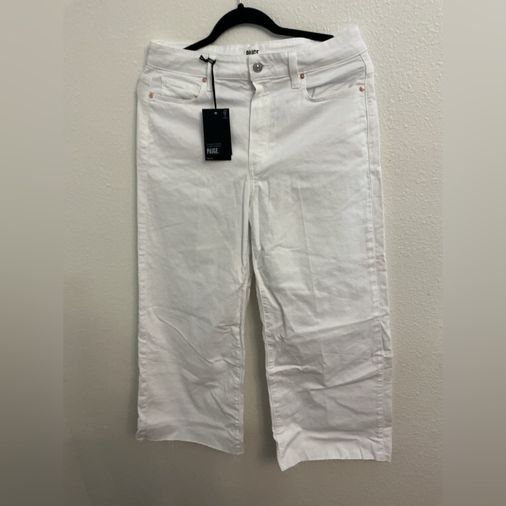 PAIGE Anessa Wide Leg Crop Jeans White Raw Hem NWT 29 - Picture 4 of 12